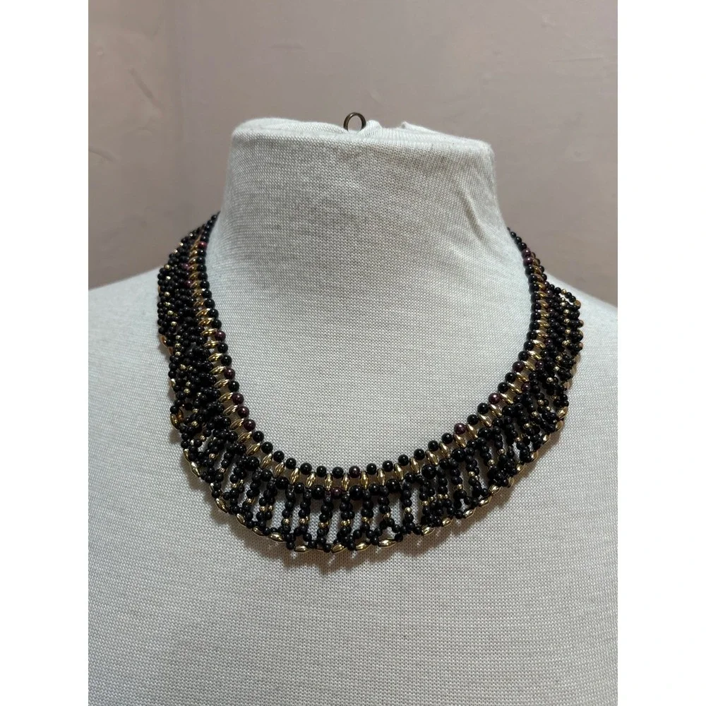 Gold Tone Purple and Blue Beaded Statement Collar Necklace Vintage Style 17 Inch
